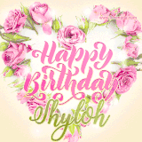 A stunning heart made of pink roses surrounds the elegant script text 'Happy Birthday Shyloh' on a soft beige background. Animated sparkles add a magical and festive feel.