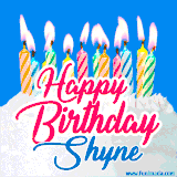 A cheerful animated GIF featuring colorful lit birthday candles on a white cake, with the text 'Happy Birthday Shyne' in bold red and blue script on a bright blue background.