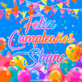 A vibrant animated GIF with 'Feliz Cumpleaños Shyne' written in colorful script, surrounded by balloons, confetti, and bunting on a bright blue background.