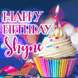 A festive animated GIF featuring a colorful cupcake with a single lit candle, sprinkles, and 'Happy Birthday Shyne' text against a sparkling, celebratory background.