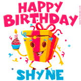 A funny animated birthday GIF with the words 'Happy Birthday Shynea', colorful gift box with arms and legs, holding a cupcake with a lit candle  with confetti everywhere.