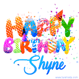 Animated GIF with colorful, festive 'Happy Birthday Shyne' text decorated with patterns, a party hat, and falling confetti. A vibrant and cheerful design for birthday celebrations.