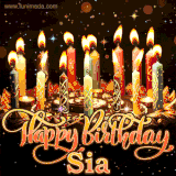 A glowing personalized birthday GIF with name Sia featuring lit candles with intricate designs, warm lighting, and the text 'Happy Birthday' in an elegant font.