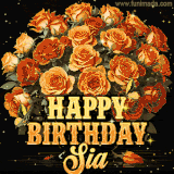 Animated bouquet of orange roses with moving butterfles and golden 'Happy Birthday Sia' text, surrounded by sparkling accents and a dark backdrop for a luxurious feel.