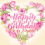 A stunning heart made of pink roses surrounds the elegant script text 'Happy Birthday Sia' on a soft beige background. Animated sparkles add a magical and festive feel.
