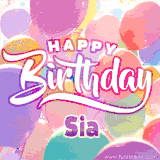 A vibrant name GIF featuring colorful balloons in shades of pink, orange, and yellow with the bold text 'Happy Birthday Sia' in festive fonts, creating a lively birthday vibe.