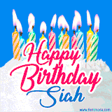 A cheerful animated GIF featuring colorful lit birthday candles on a white cake, with the text 'Happy Birthday Siah' in bold red and blue script on a bright blue background.