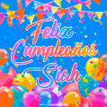 A vibrant animated GIF with 'Feliz Cumpleaños Siah' written in colorful script, surrounded by balloons, confetti, and bunting on a bright blue background.