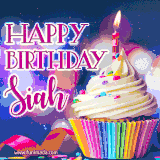 A festive animated GIF featuring a colorful cupcake with a single lit candle, sprinkles, and 'Happy Birthday Siah' text against a sparkling, celebratory background.