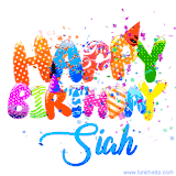 Animated GIF with colorful, festive 'Happy Birthday Siah' text decorated with patterns, a party hat, and falling confetti. A vibrant and cheerful design for birthday celebrations.