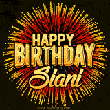Golden 'Happy Birthday Siani' text accompanied by animated rainbow fireworks for a festive animated greeting.