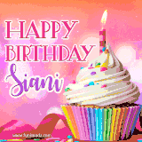 A vibrant birthday GIF featuring a rainbow-colored cupcake topped with white frosting, sprinkles, and a lit candle. The text reads 'Happy Birthday Siani' in bold pink and violet letters with white outline.