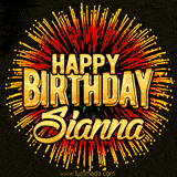 Golden 'Happy Birthday Sianna' text accompanied by animated rainbow fireworks for a festive animated greeting.