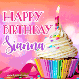A vibrant birthday GIF featuring a rainbow-colored cupcake topped with white frosting, sprinkles, and a lit candle. The text reads 'Happy Birthday Sianna' in bold pink and violet letters with white outline.