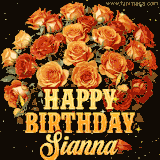 Animated bouquet of orange roses with moving butterfles and golden 'Happy Birthday Sianna' text, surrounded by sparkling accents and a dark backdrop for a luxurious feel.