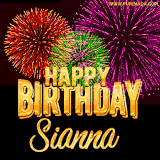 A golden 'Happy Birthday Sianna' message with vibrant fireworks in the background, creating a festive and celebratory vibe in this animated name GIF.