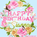 A charming animated GIF featuring 'Happy Birthday Sianna' in pink and green text, surrounded by delicate roses, leaves, and fluttering butterflies on a soft light blue pastel background.