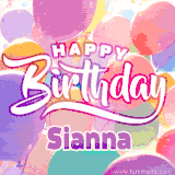 A vibrant name GIF featuring colorful balloons in shades of pink, orange, and yellow with the bold text 'Happy Birthday Sianna' in festive fonts, creating a lively birthday vibe.