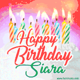 Bright birthday candles with rainbow flames on a cake, alongside the text 'Happy Birthday Siara' in vibrant script in this celebratory animated GIF.