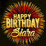 Golden 'Happy Birthday Siara' text accompanied by animated rainbow fireworks for a festive animated greeting.