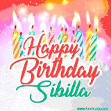 Bright birthday candles with rainbow flames on a cake, alongside the text 'Happy Birthday Sibilla' in vibrant script in this celebratory animated GIF.