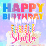A vibrant animated name GIF with the words 'Happy Birthday Sibilla' with colorful candles on a creamy cake. The background sparkles with pastel shades, adding a festive touch.