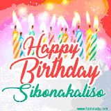Bright birthday candles with rainbow flames on a cake, alongside the text 'Happy Birthday Sibonakaliso' in vibrant script in this celebratory animated GIF.