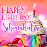 A vibrant birthday GIF featuring a rainbow-colored cupcake topped with white frosting, sprinkles, and a lit candle. The text reads 'Happy Birthday Sibonakaliso' in bold pink and violet letters with white outline.