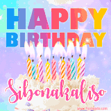 A vibrant animated name GIF with the words 'Happy Birthday Sibonakaliso' with colorful candles on a creamy cake. The background sparkles with pastel shades, adding a festive touch.