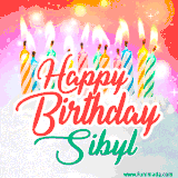 Bright birthday candles with rainbow flames on a cake, alongside the text 'Happy Birthday Sibyl' in vibrant script in this celebratory animated GIF.