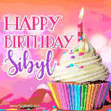 A vibrant birthday GIF featuring a rainbow-colored cupcake topped with white frosting, sprinkles, and a lit candle. The text reads 'Happy Birthday Sibyl' in bold pink and violet letters with white outline.