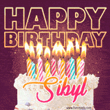 A colorful birthday cake topped with lit candles, with the words 'Happy Birthday Sibyl' in bold glowing letters on a burgundy background. Animated flames add a festive touch.