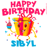 A vibrant and funny gift box character with a happy face dancing with a cupcake and the text 'Happy Birthday Sibyl,' surrounded by animated confetti and party vibes.
