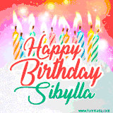 Bright birthday candles with rainbow flames on a cake, alongside the text 'Happy Birthday Sibylla' in vibrant script in this celebratory animated GIF.