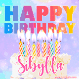 A vibrant animated name GIF with the words 'Happy Birthday Sibylla' with colorful candles on a creamy cake. The background sparkles with pastel shades, adding a festive touch.