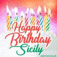 Happy Birthday GIF for Sicily with Birthday Cake and Lit Candles