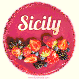 Beautifully decorated red velvet berry birthday cake with vibrant fruits and a glowing 'Sicily' name, adding a touch of sweetness and sparkle.