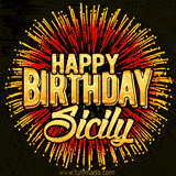 Golden 'Happy Birthday Sicily' text accompanied by animated rainbow fireworks for a festive animated greeting.