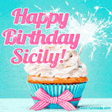 A festive cupcake with pink icing, a gingham bow, and a lit animated sparkler, paired with 'Happy Birthday Sicily!' in bright pink text.