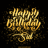 Animated GIF with colorful, festive 'Happy Birthday Sid' text decorated with patterns, a party hat, and falling confetti. A vibrant and cheerful design for birthday celebrations.