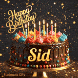 A rich chocolate frosted cake on a gold stand with glowing yellow candles, personalized with the name Sid.