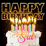 A vibrant animated GIF featuring a delicious birthday cake topped with glowing candles and the name 'Sid' in elegant script, and the words 'Happy Birthday' on the black background.