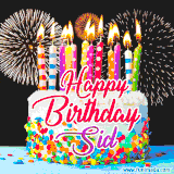 A lively happy birthday animated GIF showcasing a colorful birthday cake covered in sprinkles, topped with glowing candles, and surrounded by vibrant fireworks. The name 'Sid' is featured in elegant script.
