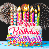 A lively happy birthday animated GIF showcasing a colorful birthday cake covered in sprinkles, topped with glowing candles, and surrounded by vibrant fireworks. The name 'Siddharth' is featured in elegant script.