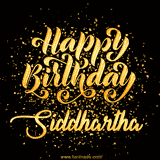 Animated GIF with colorful, festive 'Happy Birthday Siddhartha' text decorated with patterns, a party hat, and falling confetti. A vibrant and cheerful design for birthday celebrations.