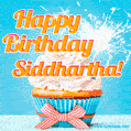 A cheerful animated GIF of a cupcake with creamy frosting, a red checkered ribbon, and a bright sparkler on top. The text 'Happy Birthday Siddhartha!' is displayed in vibrant orange and red.