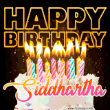 A vibrant animated GIF featuring a delicious birthday cake topped with glowing candles and the name 'Siddhartha' in elegant script, and the words 'Happy Birthday' on the black background.