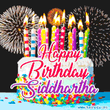 A lively happy birthday animated GIF showcasing a colorful birthday cake covered in sprinkles, topped with glowing candles, and surrounded by vibrant fireworks. The name 'Siddhartha' is featured in elegant script.
