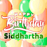 Animated GIF featuring colorful balloons in the background with the cheerful text 'Happy Birthday Siddhartha'.