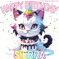 Cute cosmic cat with a birthday cake for Sierra surrounded by a shimmering array of rainbow stars
